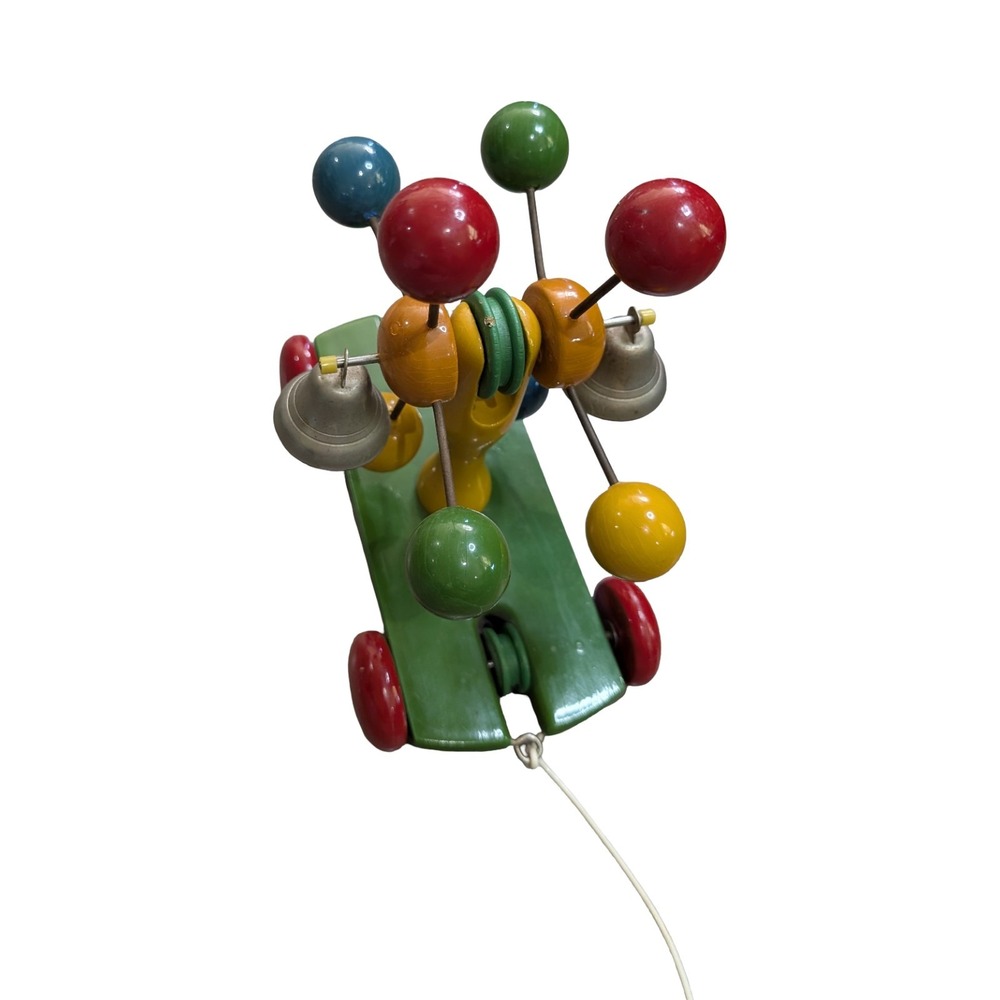 RARE Kouvalias Wooden Pull Toy 2Bells Greece Vintage Clacker Baby Montessori toy - Picture 2 of 8